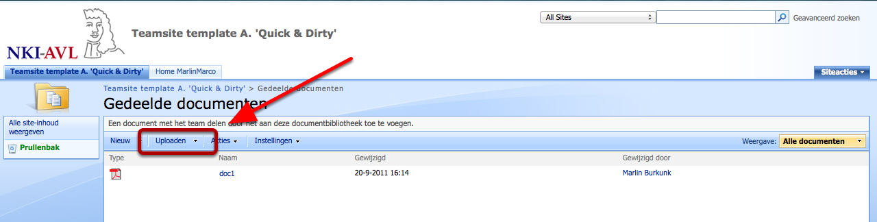 2.4 Webonderdelen vullen: nieuw document toevoegen aan 'Documentenbibliotheek' Ga naar het scherm 'alle site-inhoud' Klik op 'alle site-inhoud' in de hoofdpagina van uw teamsite, kies rubriek