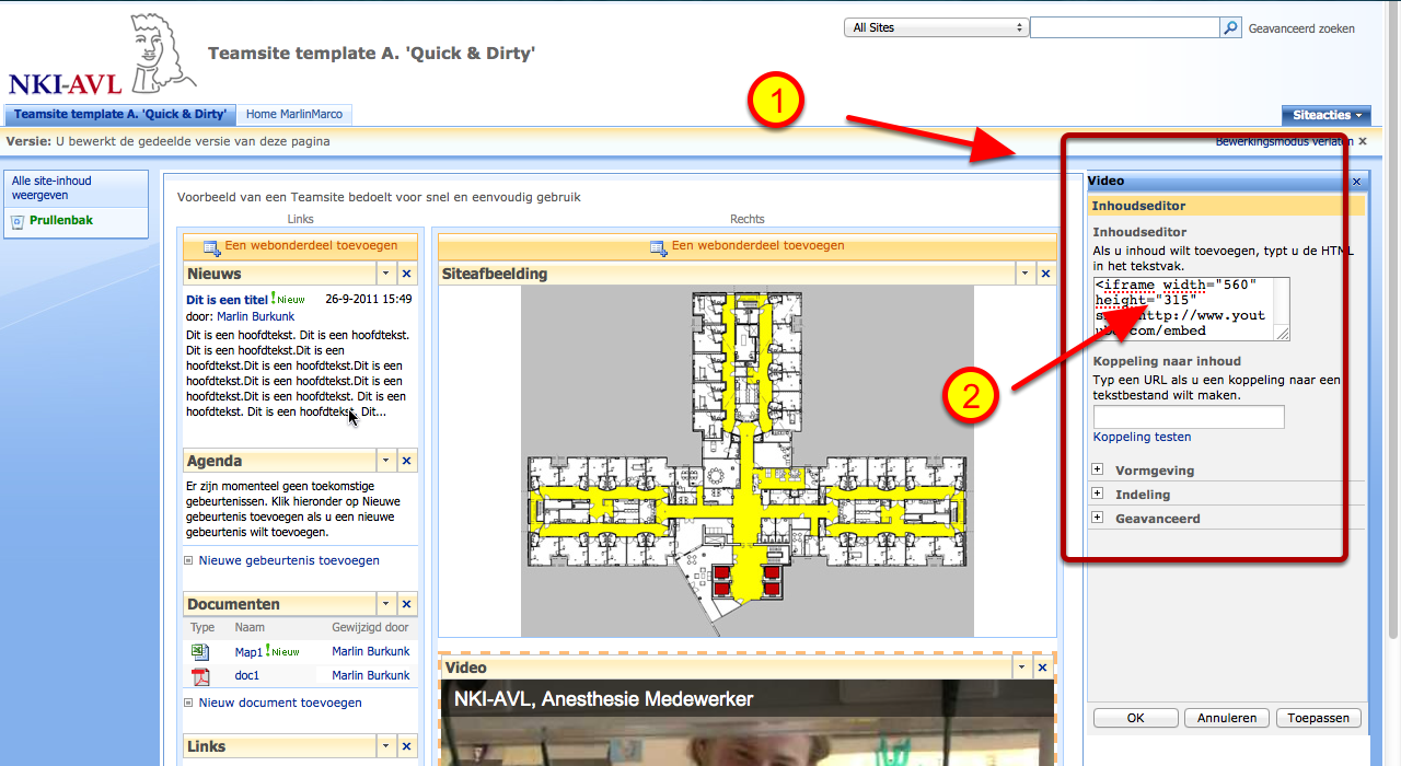 Bewerk uw webonderdeel U bent nu in de bewerkingsmodus (1) van de hoofdpagina van uw teamsite. De webonderdelen zijn omkaderd en kunnen bewerkt worden.