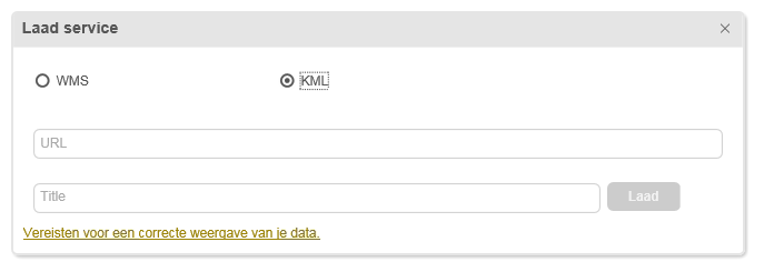 2. KML-bestand toevoegen Door gebruik te maken van de balk kan je data toevoegen door een extern gehost KML-bestand op te laden.