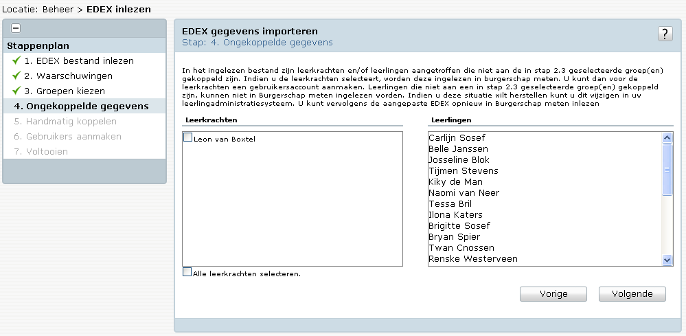 Alle leerkrachten en leerlingen die in het administratieve exportbestand niet gekoppeld waren aan een groep van de voor Burgerschap Meten relevante leerjaren, worden getoond in het scherm