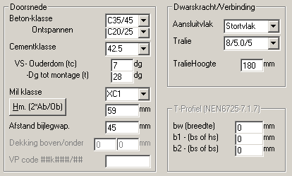 Omdat de doorsnede, door de verschuiving naar de y-as, niet de werkelijk doorsnede hoeft te zijn moet bij een T- balk en een randbalk de meewerkende breedte d.m.v. de parameters bw, b1 en b2 worden opgegeven volgens figuur linker 15 uit de NEN6720.