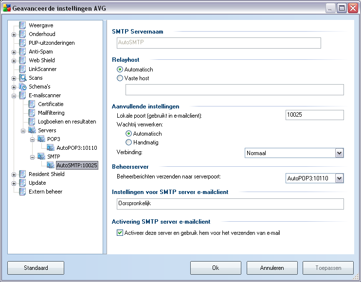 Activering POP3 server e-mailclient - hier staat beknopte informatie over de configuratie-instellingen die vereist zijn om uw e-mailclient goed te configureren (zodat de E-mailscanner alle