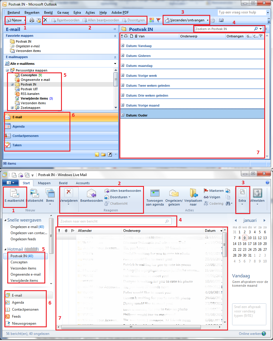 Afbeelding 198. Alternatieve e-mail software (Microsoft Outlook bovenaan en Windows Live Mail onderaan). De afbeelding toont schermafdrukken met genummerde delen zoals in de tekst uitgelegd 2.7.