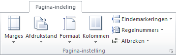 Pagina-instelling Op het tabblad Pagina-indeling vind je de groep Pagina-instelling. In deze groep staan opties waarmee je ondermeer de marges, het papierformaat en de pagina-indeling kunt veranderen.