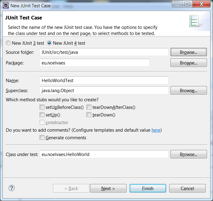 Selecteer New JUnit 4 Test en kies als Source folder de submap test.