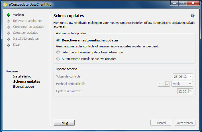 Selecteer Schema updates (afbeelding 12). Afbeelding 12 : Schema updates Bij de schema updates kunt u kiezen of dat u de updates handmatig (afb.