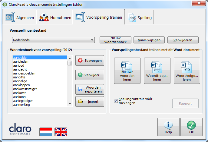 Tabblad "Voorspelling trainen" Het tabblad "Voorspellen trainen" geeft u de mogelijkheid de woorden die door Voorspellen worden gebruikt aan te passen en het woordenboek te trainen met Worddocumenten.