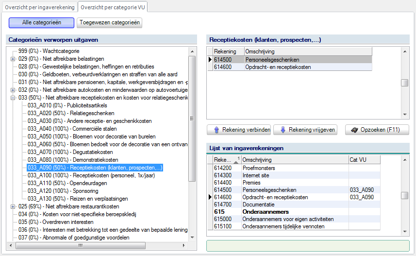 Deel 2 -Ingebruikname Het instellen van de VU via dit tabblad laat toe om de algemene rekeningen te verbinden met de categorieën en/of subcategorieën van de VU.