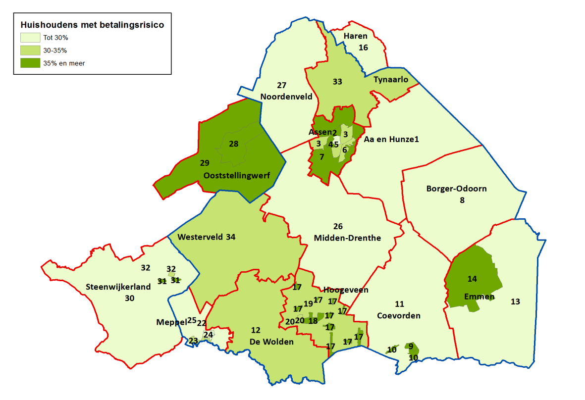 Figuur 2.1: Drenthe. Betaalbaarheidsrisico per gemeente. De cijfers in de gebieden geven weer welke gebieden door corporaties als eenheid voor steekproef zijn opgegeven.