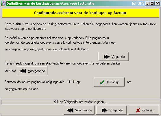 Volgende scherm verschijnt: STAP 1: Om de kortingen in stellen, klik je op de knop