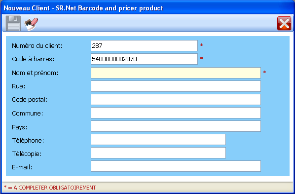 3.9 Ajouter Client SR.NET - PRODUCT BARCODER Figure 3.9.1 Enregistrer Supprimer tous les champs Fermer la fenêtre Figure 3.9.2 Na een geldige input kunnen de klantgegevens vastgelegd worden via de toets bewaren.