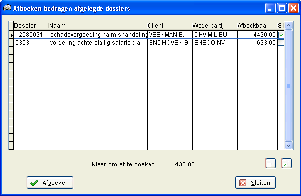 Het dialoogvenster blijft open om nog meer afgelegde dossiers te kunnen selecteren.