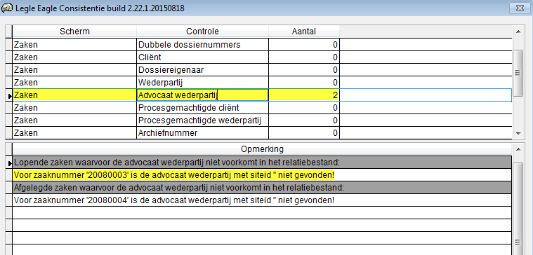 eventueel op de knop om de juiste datamap te selecteren. LEDATA\ is de standaard ingestelde data map van Legal Eagle. Druk op de knop om de check te starten.