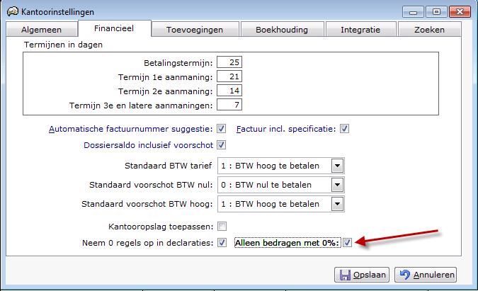 0 uren in combinatie met toevoegingen Vooraf Vanaf Legal Eagle versie 2.19.0 is het mogelijk om nul-uren regels (regels geschreven met een percentage van 0%) mee te nemen op de declaratie.