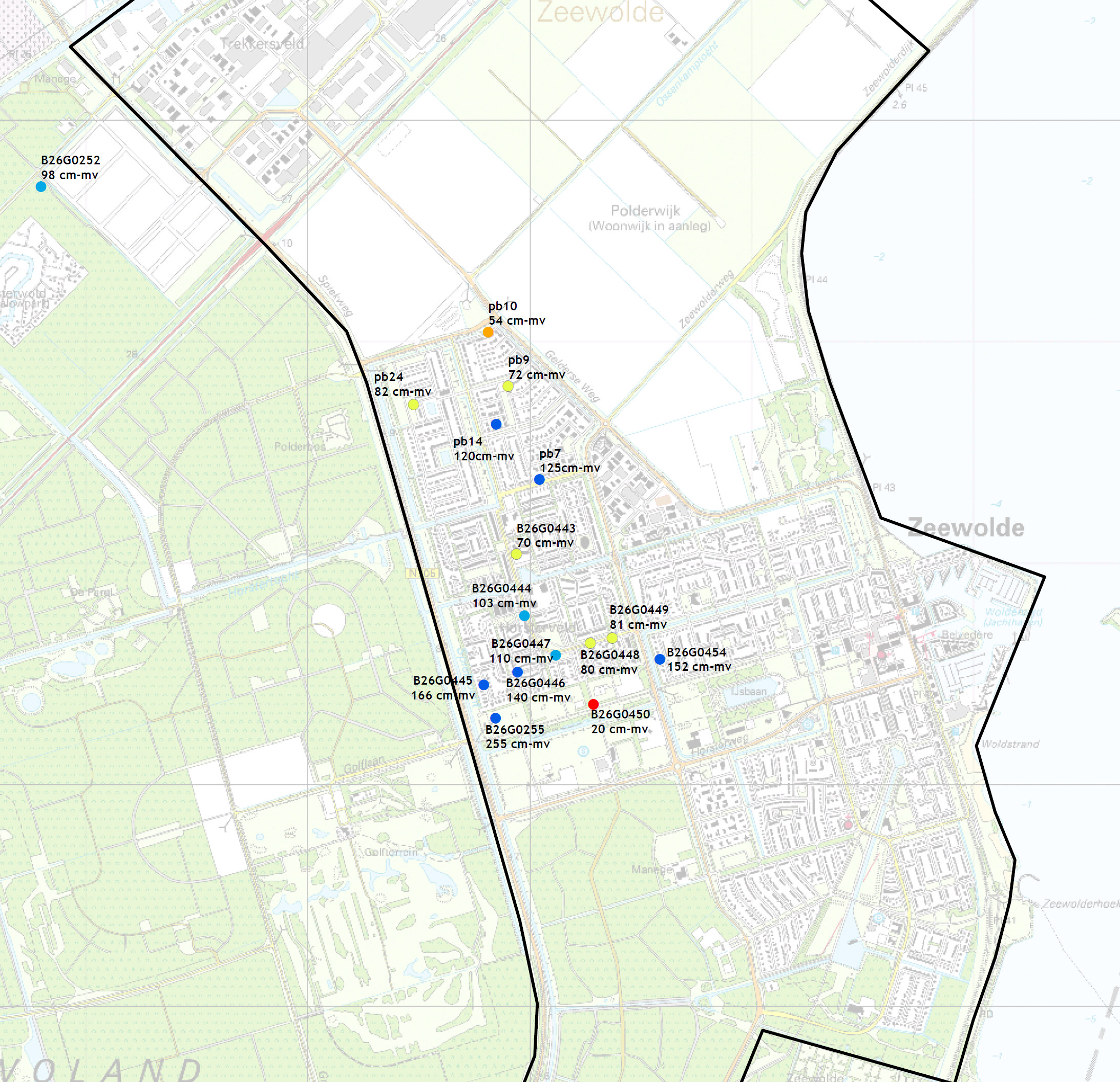 afbeelding 4.2. Ontwateringsdiepte per peilbuis 4.5. Inventarisatie (grond)wateroverlast Voor zover bekend zijn er momenteel geen grote grondwaterproblemen.