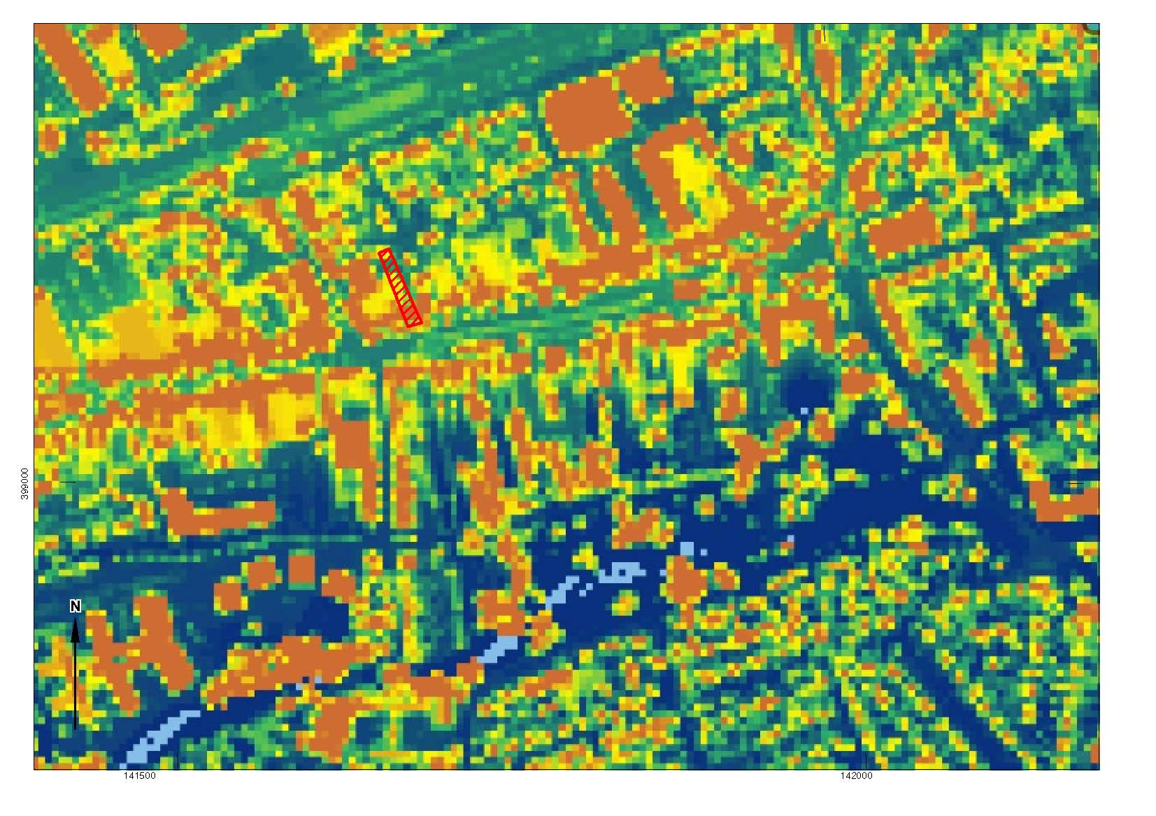 Afbeelding 2.2: Ligging van het plangebied op het Actueel Hoogtebestand van Nederland (AHN), aangegeven met het rode kader (Bron: www.ahn.nl).