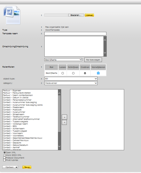 3.4. Ontwerpen van Factuur documenten: Log in als admin Ga naar Documentmanager Klik op Nieuwe rubriek maken Vul de volgende gegevens in (Afbeelding) o Upload document o Template naam > vul de naam