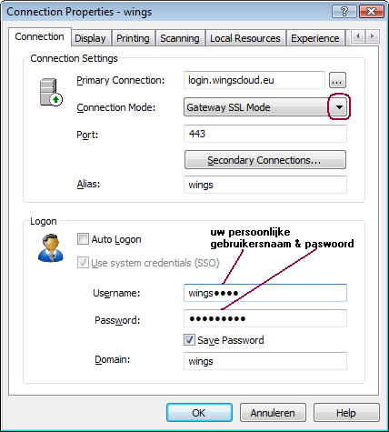 Vul alle gegevens aan zoals hierboven: Primary Connection: login.wingscloud.