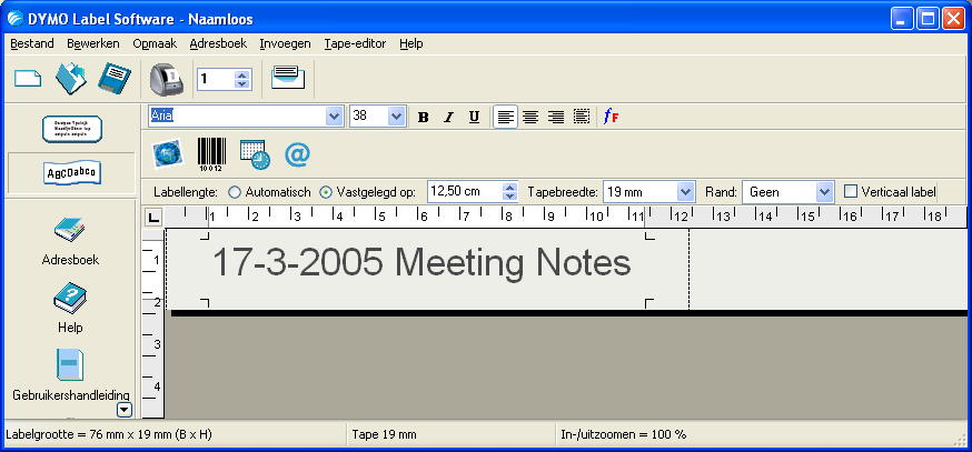 De Tape Editor gebruiken Om een datum- en tijdregistratie toe te voegen 1 Plaats de cursor op de plaats waar de datum- en/of tijdregistratie moet ingevoegd worden op het label.