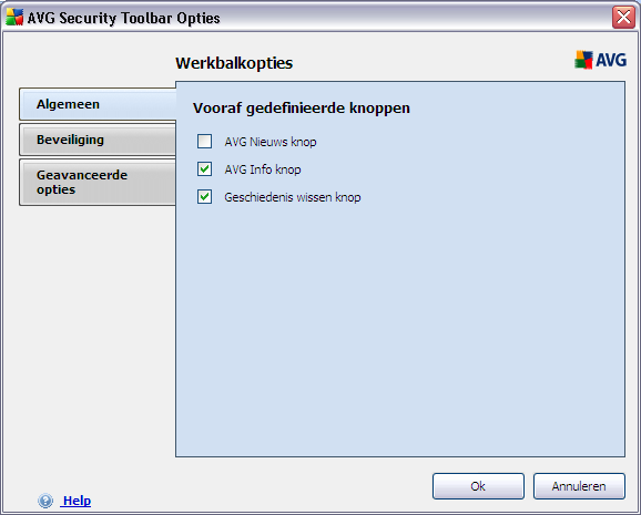 Op dit tabblad kunt u opgeven welke knoppen moeten worden weergegeven / verborgen in het venster van de AVG Werkbalk Beveiliging: o Knop AVG-nieuws - weergave van de knop AVG-nieuws.