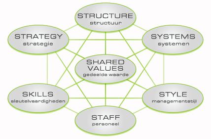 Een model om organisatievraagstukken te benaderen, is het 7S model van McKinsey Een aantal