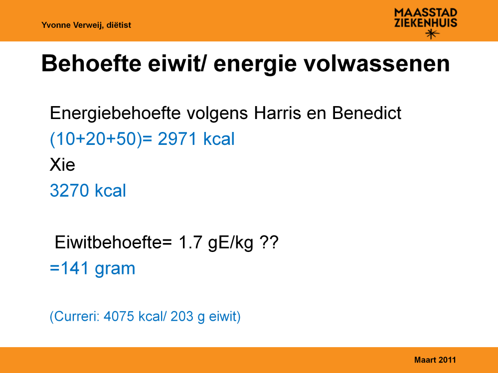 De berekening van energiebehoefte is de berekening volgens Curreri.