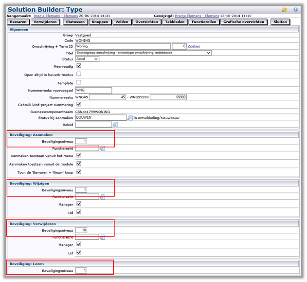 3. Voor de volgende onderdelen het beveiligingsniveau in op 1 bij het onderdeel Algemeen: beveiligingsniveau. Secties: Add-on Inrichting Solution Builder: Secties (SB 4.6).