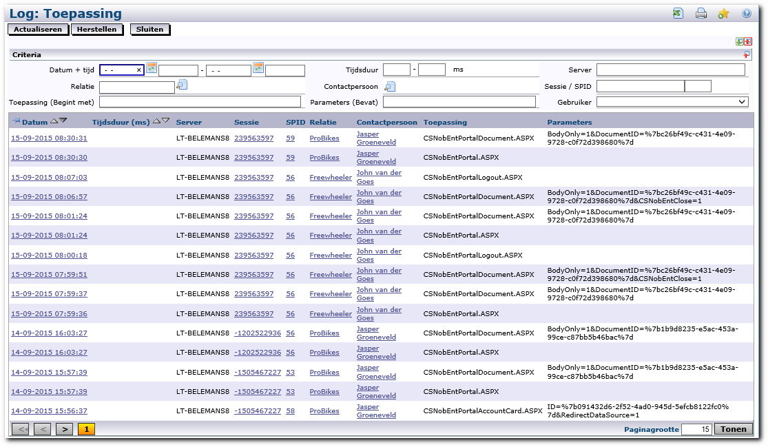 4.9 Applicatie log Bij het werken in het portaal worden alle wijzigingen in Synergy verwerkt met de credentials zoals die bij Synergy gebruiker zijn ingevoerd (zie paragraaf 4.5.6).