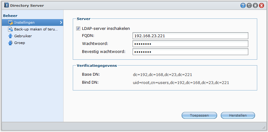 Zo meldt u DiskStation aan bij een adreslijstdienst: 1 Tik op LDAP-client inschakelen. 2 Voer het ip-adres of domeinnaam van de LDAP-server in bij het veld LDAP-serveradres.