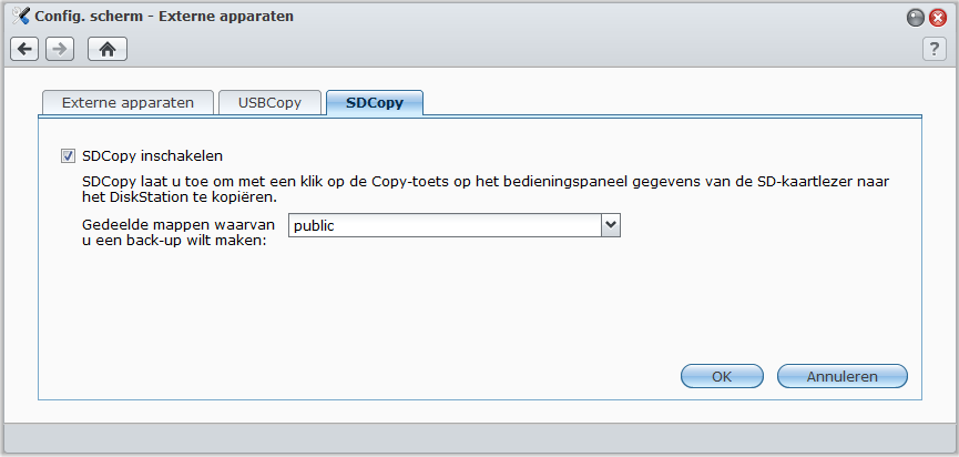 Gebruik SDkopiëren om een back-up van uw gegevens te maken op SD-kaart U kunt gegevens van een SD-kaart kopiëren naar een gedeelde map op uw Synology DiskStation met de knop Kopiëren.