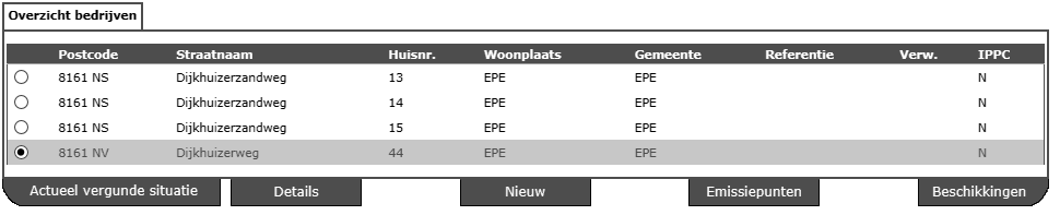 Emissiepunten en gebuwen raadplegen Selecteer het bedrijf waarvan je de gebuwen f emissiepunten wilt raadplegen. Klik p Emissiepunten. U ziet nu de gebuwen ingeverd vr dit bedrijf.