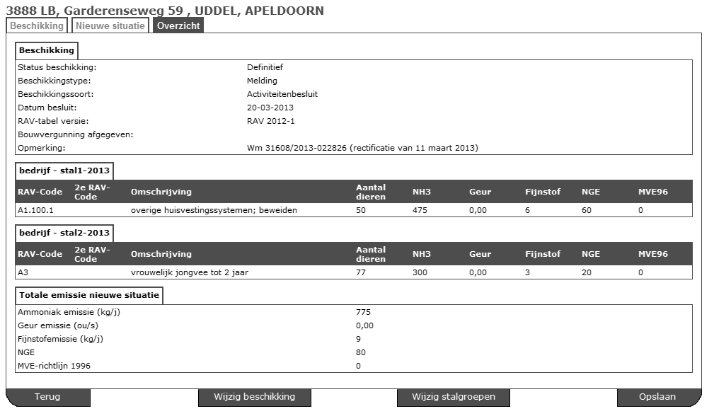 Het eerste tabblad bevat de Wet Milieubeheer vergunning (WM- vergunningen). Klik p Details m de inhud van de beschikking te raadplegen.