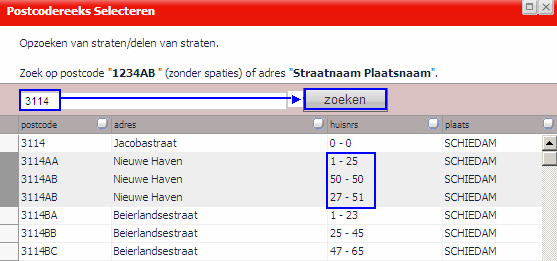 Klik op het tabblad details en klik op toevoegen Voer de postcode in (met of zonder lettertoevoeging) en klik op zoeken Selecteer de gewenste straten door met uw muis op de straat te gaan staan en te