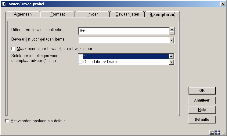 133.2.5 Tabblad Exemplaren Op het laatste tabblad kunt u een bewaarlijst laten aanmaken voor titel-import waarbij objecten betrokken zijn.