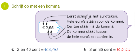 Groep 5 deel 5B Stap 1: kommanotatie bij geld eurobedragen met kommanotatie opschrijven terugtellen en verder tellen met geld in kommagetallen onder elkaar geld optellen met kommagetallen Tel eerst