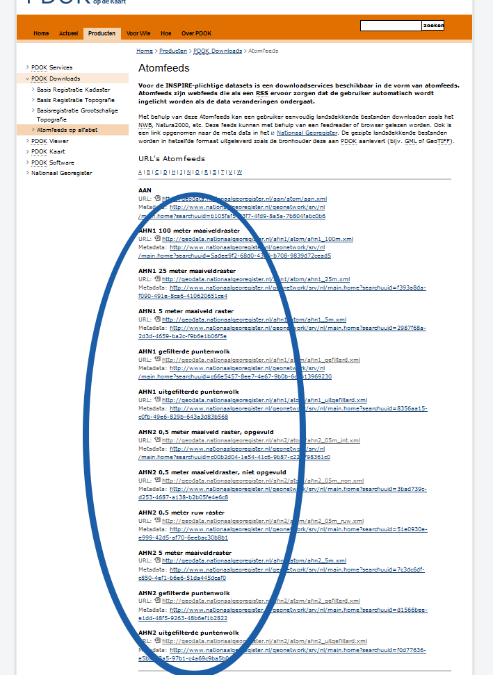 6 van 10 4 Downloaden van de bestanden Ga nu naar www.pdok.nl en klik in het menu op producten. Ga daarna in het linkermenu naar PDOK Downloads Atomfeeds op alfabet.