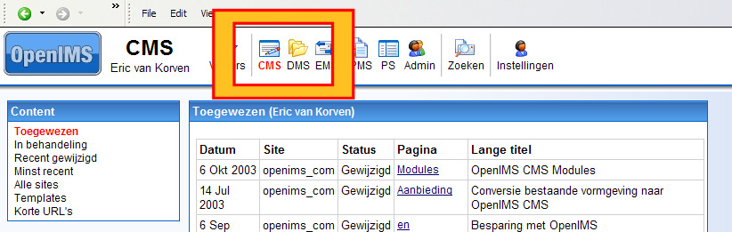 U kunt vanuit het CMS portaal eenvoudig naar het DMS gaan door de optie DMS te selecteren. 5.3 Aanleggen van een hyperlink naar document of multimedia bestand Selecteer de naam van het document.