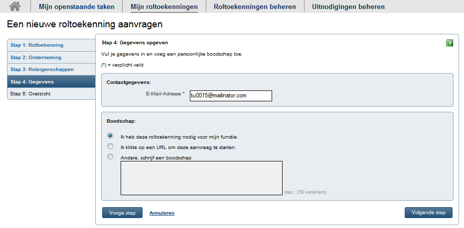 Vul de roleigenschappen aan en klik op Volgende stap. Heb je niet voldoende informatie om alle gegevens in te vullen, selecteer dan de optie Ik weet het niet.