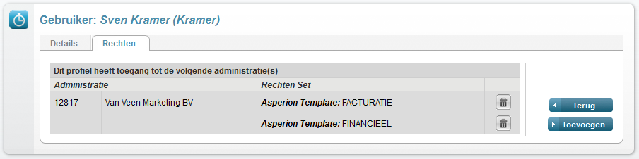 Pag 5 Nu worden alle Rechten Sets zichtbaar die nog aan deze gebruiker gekoppeld kunnen worden. Dit is mede afhankelijk van het afgesloten abonnement.