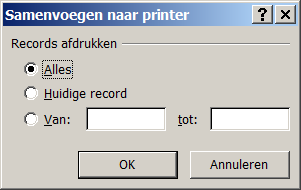 Kies of je alle etiketten wilt afdrukken, alleen het etiket dat momenteel zichtbaar is, of een aantal etiketten dat je selecteert op basis van een bereik van recordnummers.