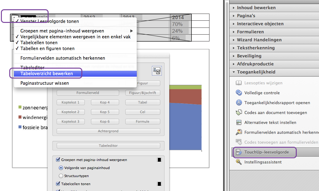 Met touchup-leesvolgorde tabel selecteren en vervolgens rechtermuisknop verschijnt het menu waarin je tabeloverzicht bewerken kunt kiezen.