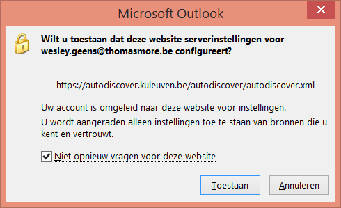 OUTLOOK CONFIGUREREN (10) Procedure: Voorgaande stap kan even in beslag nemen (zelfs boodschap not responding tonen) Uiteindelijk opent het