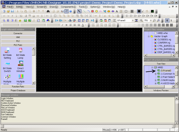 8 NB Designer: Frames Klik op HMI in het Project Structure Window om met programmeren van de scherminhoud te beginnen.