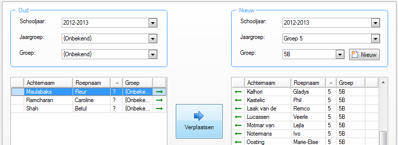 Selecteer in de oude groep de leerlingen die naar de nieuwe groep gaan: U kunt telkens één leerling verplaatsen, maar het is handiger om door het indrukken van de <Ctrl>-toets meerdere leerlingen