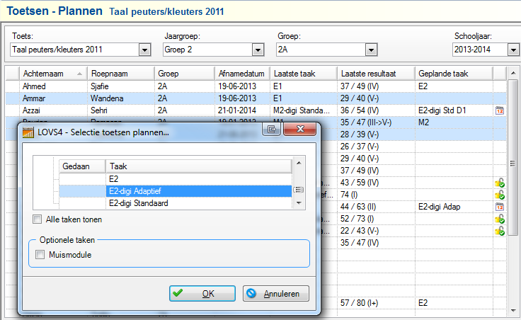 Voorbeeld plannen digitale toetsen VISEON voor groep 3 t/m 8. U selecteer een of meerdere leerlingen.