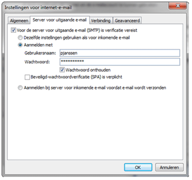 Instructies Microsoft Outlook 2007 Pagina 4 Stap 3: Ga naar het tabblad Server voor uitgaande e-mail en zorg dat de optie "Voor de
