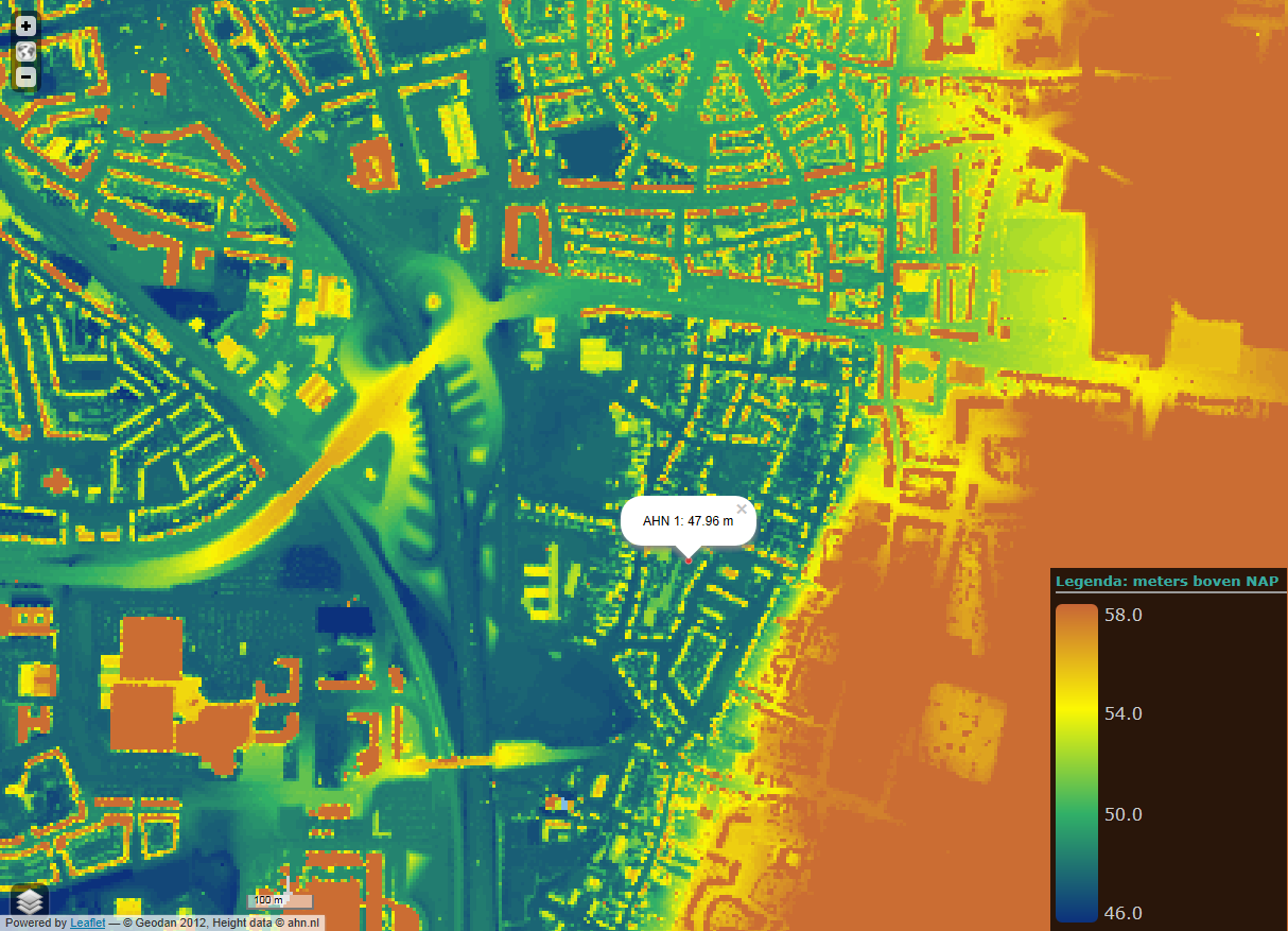 Afb. 8 Het plangebied geprojecteerd op het AHN. Het plangebied ligt rond de 48m +NAP.
