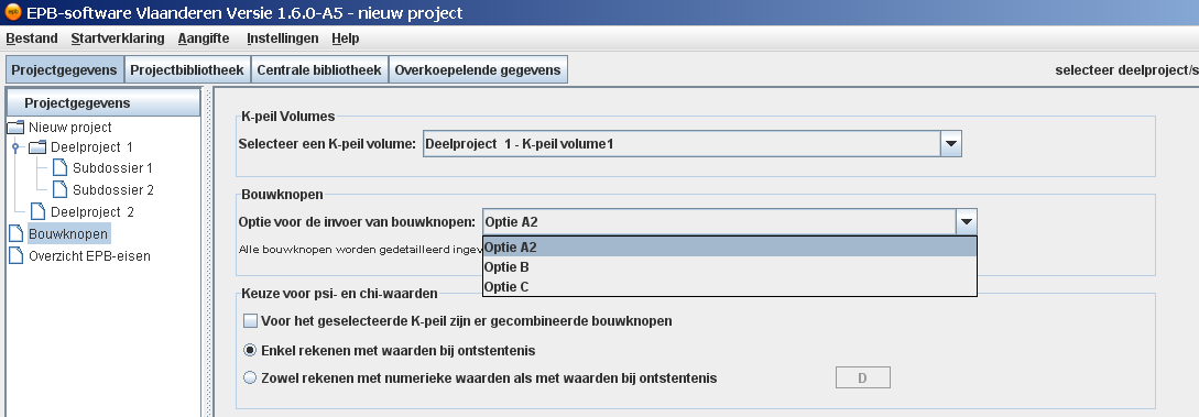 7.6.2 Selectie van de optie voor de berekening van bouwknopen Per K-peilvolume zijn er 3 mogelijke invoeropties (A2, B of C) te kiezen om bouwknopen in te rekenen.