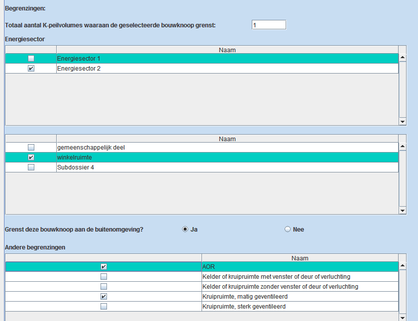 Als de bouwknoop gemeenschappelijk is aan meer dan 1 energiesector of EPB-eenheid zonder energiesector binnen het beschouwde K-peilvolume vinkt u alle energiesectoren of EPBeenheden binnen dat K-peil