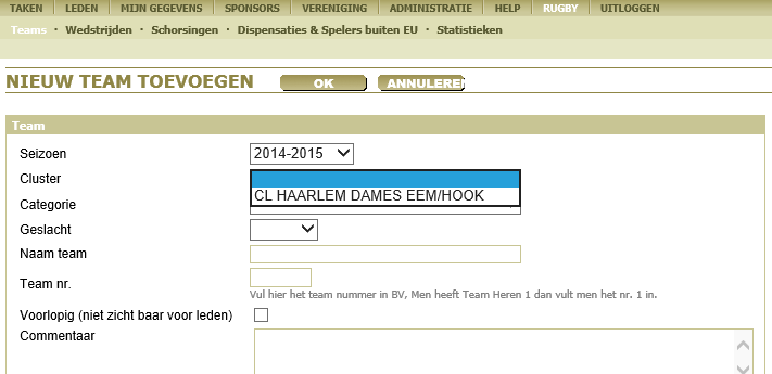 uit een team halen door het v te klikken.( blanco vakje) CLUSTER TEAMS De bond maakt de opzet wie hoofd club en verantwoordelijk is.